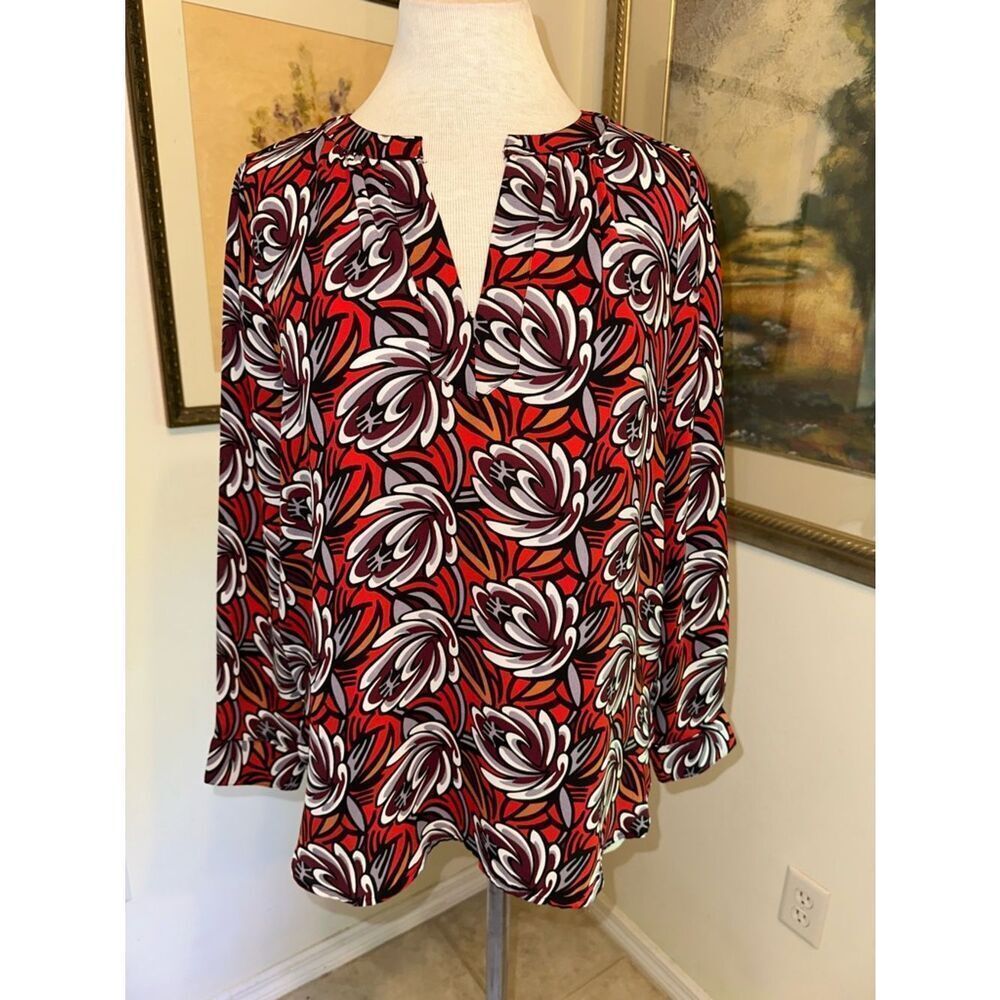LOFT PETITES Red/Burgundy Big Floral Pattern Tunic Size SP